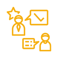 Gold outline of two people with speech bubbles. One has a question and the other has a checkmark with a star to indicate the response.